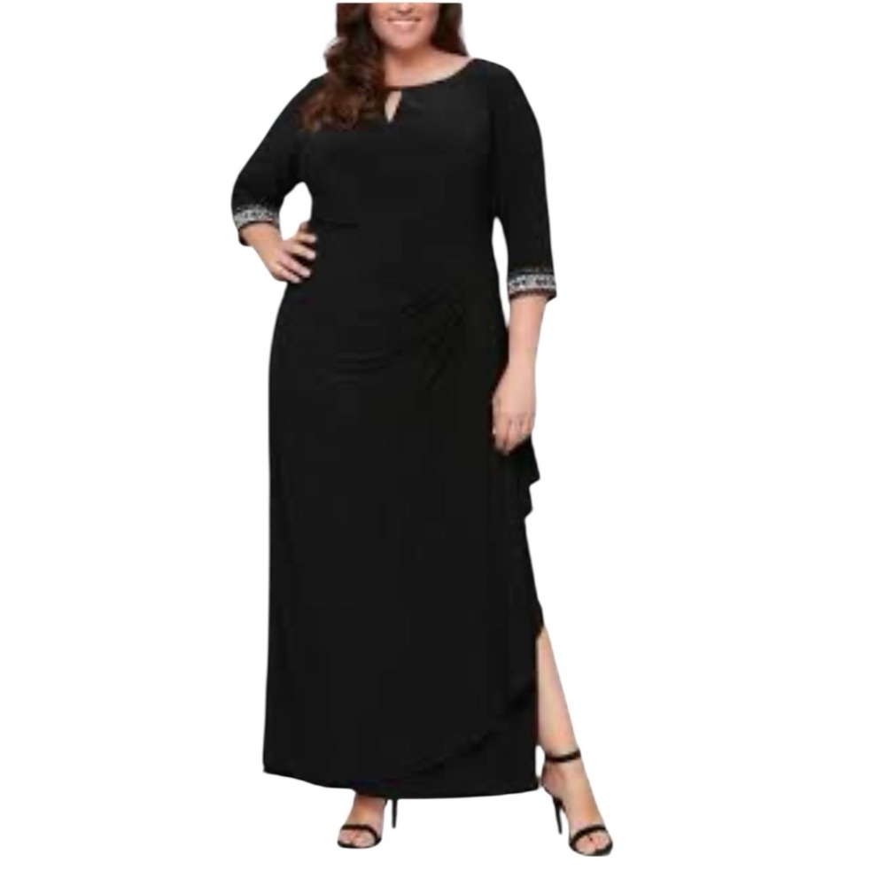 Alex Evenings Embellished A-Line Faux Wrap Gown 20W Black Long Formal Dress NWT